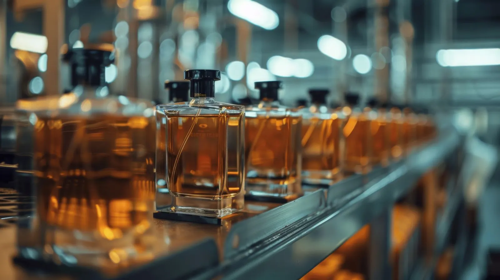 عبوات عطور تتحرك على خط الإنتاج جاهزة للتصدير