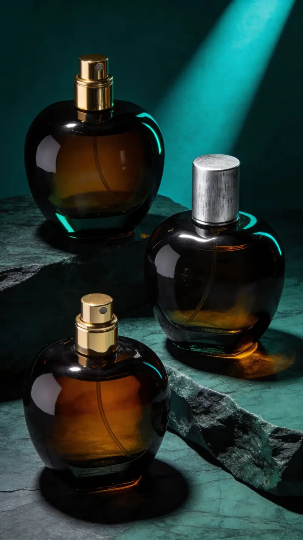 Three amber glass perfume bottles with gold and silver spray caps