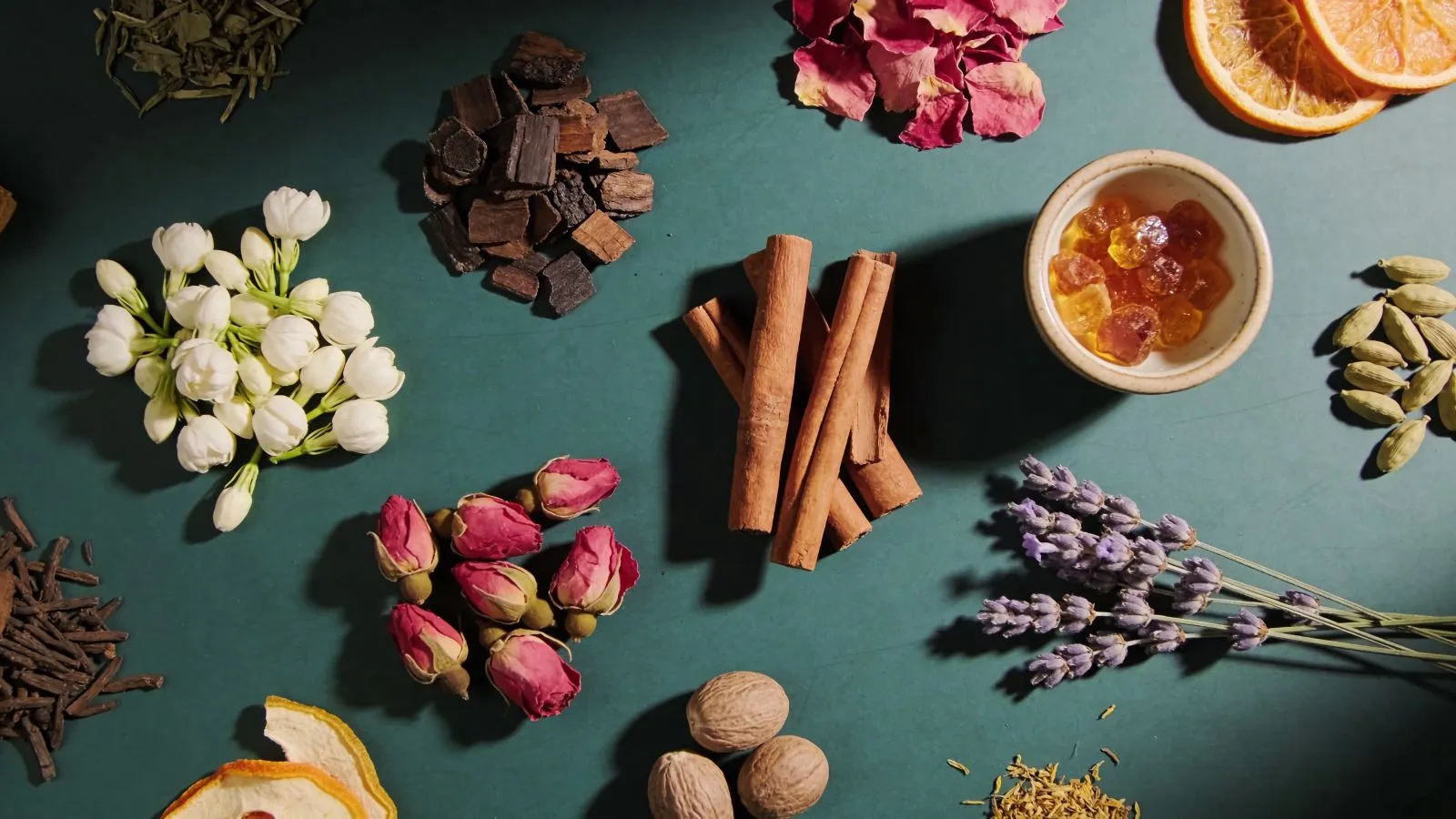 Raw perfumery ingredients laid out on deep teal — jasmine, dried rose buds, cinnamon, lavender, oud wood and citrus